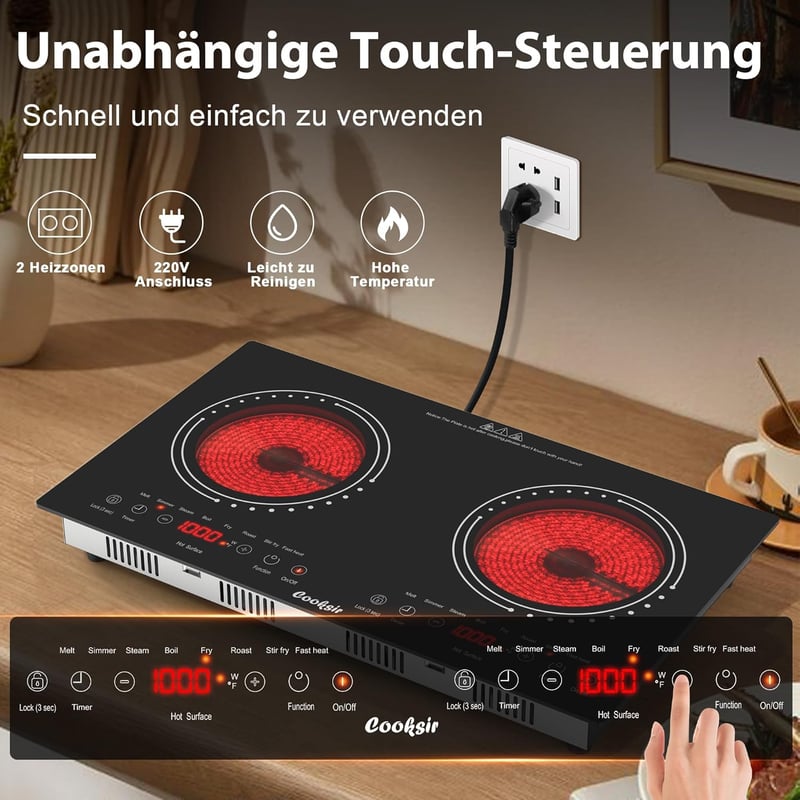 Cooksir 60 cm-es Üvegkerámia Főzőlap 2 Zónával, 3600W, Érintőgombos, Időzítővel, Biztonsági Zárral, Infravörös Fűtéssel, Dugóval, Beépíthető