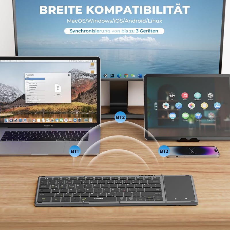 seenda Összehajtható Bluetooth Billentyűzet Érintőpaddal - Újratölthető Vezeték Nélküli Billentyűzet 3 Bluetooth Csatornával, Német QWERTZ, 