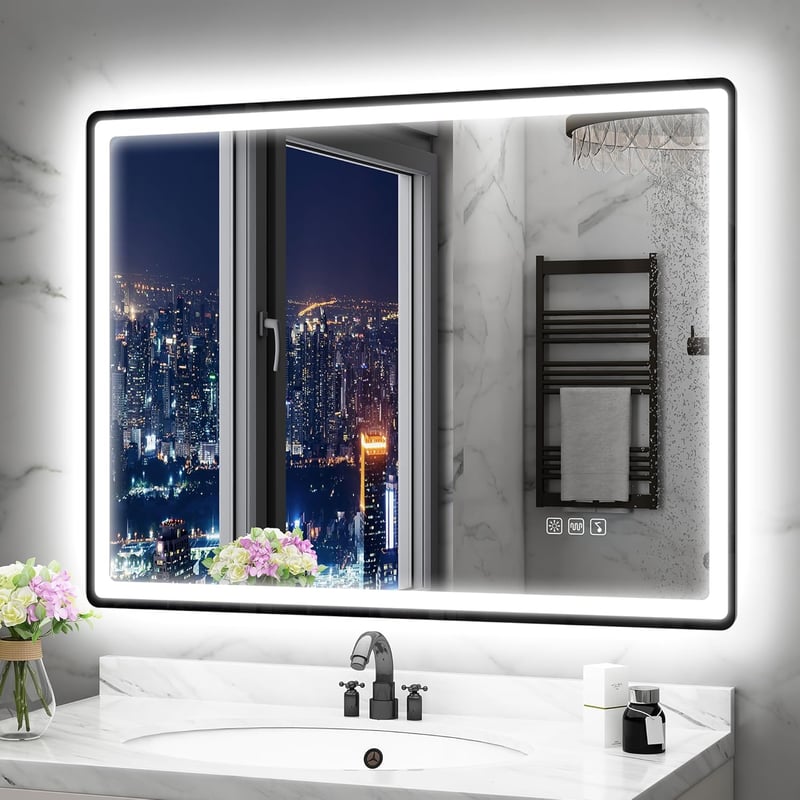 STARLEAD Fürdőszobai Tükör Szabályozható LED Világítással, 3 Színhőmérséklet, Páramentesítő, Bluetooth Hangszóró, Edzett Üveg, 80x60 cm, Fek