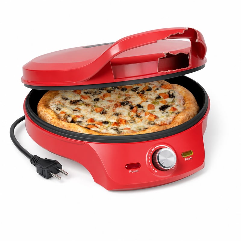 Aparat de făcut pizza Princess 115007 – 32 cm, reglabil — defect, funcționează parțial: capacul mecanismului de deschidere-închidere este rupt (stare: vezi imaginea nr. 2)