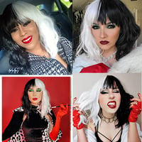 TANTAKO Fekete-Fehér Cosplay Paróka Szett - Hőálló Hullámos Műhaj Cruella Jelmezhez Piros Kesztyűvel, Gyöngy Nyaklánccal 4