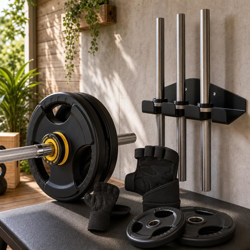 Set za trening s utezima: rukavice + 50 mm osigurač + 1 par 2" utega + zidni nosač za šipke