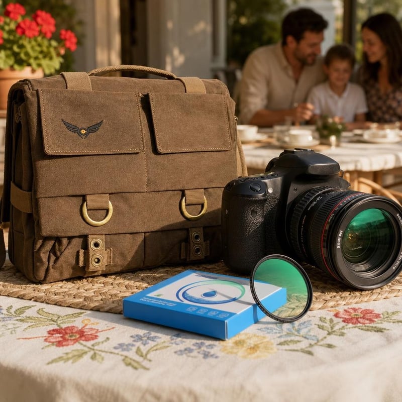 Fotografický set na cesty: 1× 39mm UV filter + 1× brašna na fotoaparát s pláštenkou a priehradkou na notebook