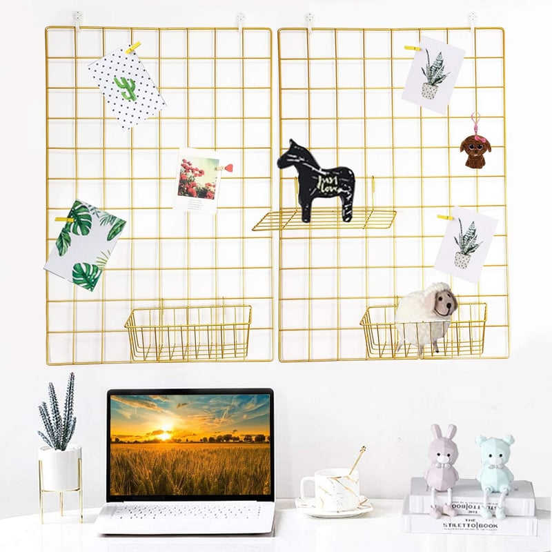 GBYAN Arany Fali Rácspanel Szett - 2db 65x45cm Fém Fotófal Dekoráció Világítással, Csipeszekkel és Akasztókkal - DIY Képtartó, Üzenőfal