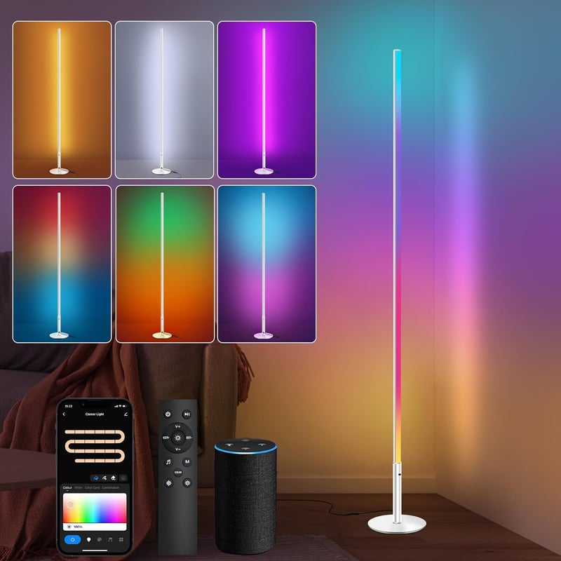 Fortand WiFi RGBCW LED Állólámpa - 16 Millió Szín, Távirányítóval, Alexa/Google Home Kompatibilis, Tompítható Saroklámpa Zene Módokkal, Ezüs