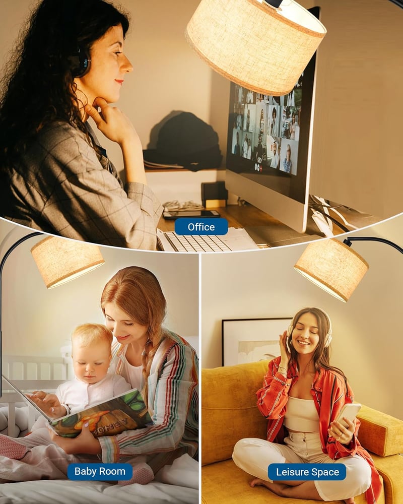 EDISHINE Állólámpa 161 cm - Fekete Ívelt Padlólámpa Állítható Bézs Lenvászon Ernyővel, Lábkapcsolóval, E27 LED Izzóval, Nappali és Hálószoba