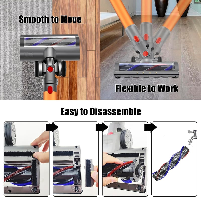 Dyson V7-V15 kompatibilis motoros turbókefe LED-fénnyel, szőnyegre és keménypadlóra