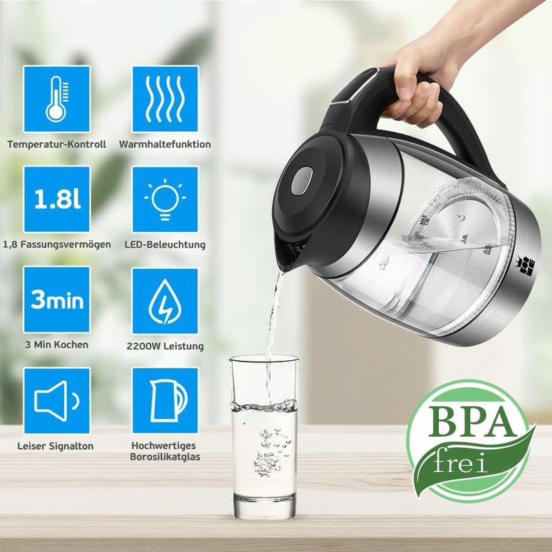 FOR ME 1,8L Üveg Elektromos Vízforraló Hőmérséklet Szabályozással 40-100°C, 7 Színű LED Világítással, Melegen Tartó Funkcióval, BPA-mentes