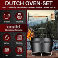 Gusskönig 12L Öntöttvas Dutch Oven Készlet - Láb Nélküli Tűzálló Edény Dupla Funkcióval - Fedélemelővel, Kefével és Receptkönyvvel - 8-10 Sz 2