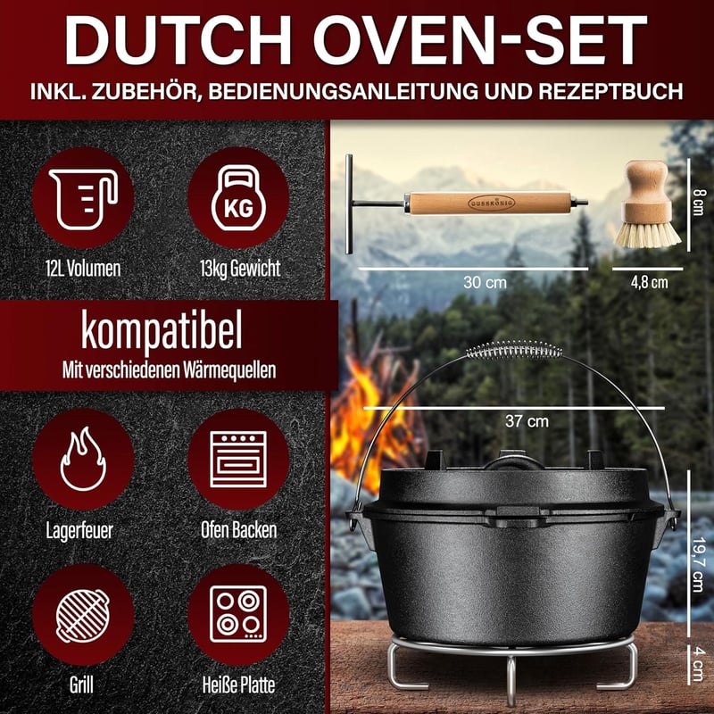 Gusskönig 12L Öntöttvas Dutch Oven Készlet - Láb Nélküli Tűzálló Edény Dupla Funkcióval - Fedélemelővel, Kefével és Receptkönyvvel - 8-10 Sz