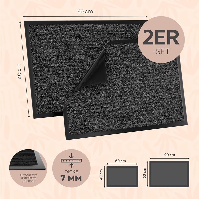 Zenacasa mosható fekete lábtörlő szett (2db) 60x90 cm - kültéri-beltéri csúszásmentes szennyfogó