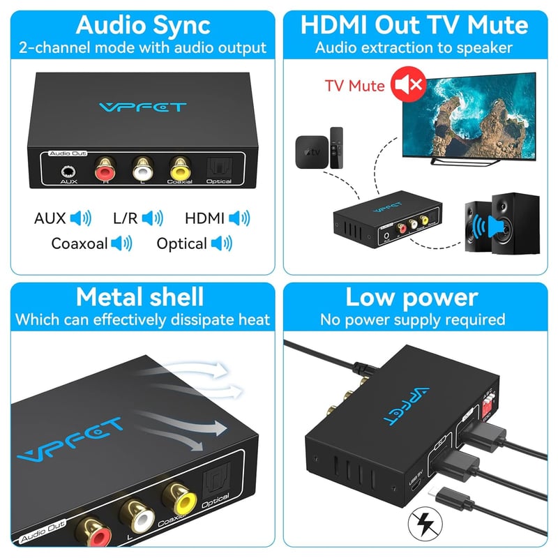 VEDINDUST 4K HDMI Audio Extraktor - Optikai, Koaxiális, L/R és 3,5mm Sztereó Kimenettel, HDCP, Dolby DTS 5.1 Támogatással, HDTV, PS4, Blu-ra