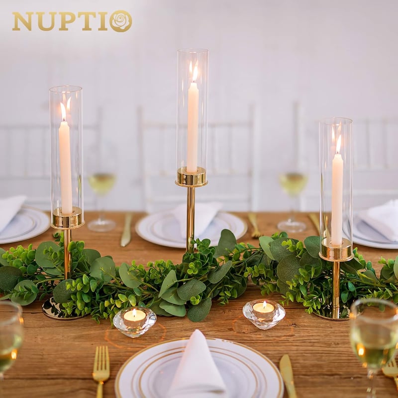 Nuptio Arany Fém Gyertyatartó Szett - 18 db Üveg Cilinder Kúpos Gyertyatartó Esküvői Dekorációhoz, Karácsonyi Asztalra, Vacsorához, Kandalló
