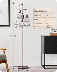 EDISHINE Retro Állólámpa - 166 cm Magas Ipari Fém Padlólámpa 3 Izzóval, Szabályozható Fényerő, 2700K Meleg Fény, Barna 5