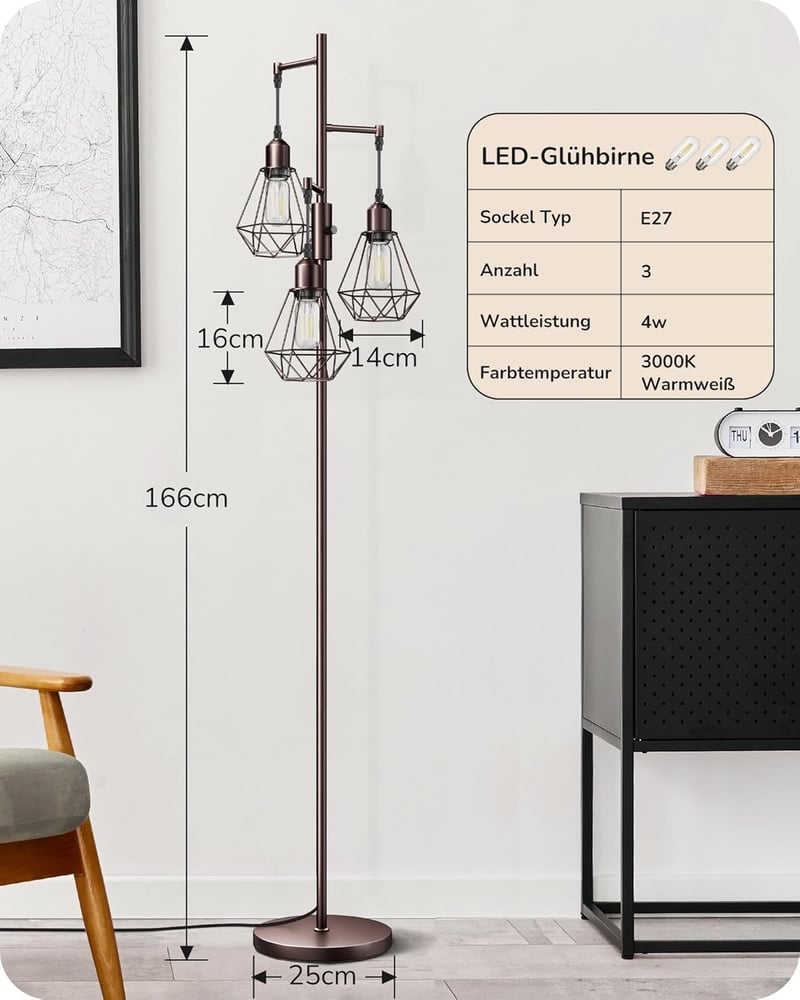 EDISHINE Retro Állólámpa - 166 cm Magas Ipari Fém Padlólámpa 3 Izzóval, Szabályozható Fényerő, 2700K Meleg Fény, Barna