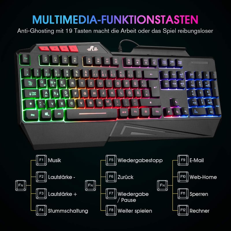 Rii RK202 Gaming Billentyűzet, RGB Háttérvilágítású USB Gamer Klaviatúra 19 Anti-Ghosting Funkcióval, PC/Laptop/PS4/Xbox One Kompatibilis - B086DC4MRL