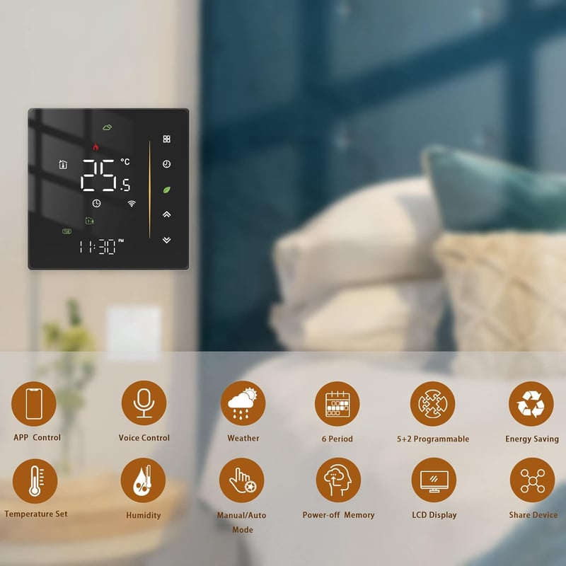 MOES WiFi Okos Termosztát Padlófűtéshez - Fekete Érintőképernyős Fűtésszabályozó Tuya/Smart Life Applikációval, Alexa/Google Hangvezérléssel