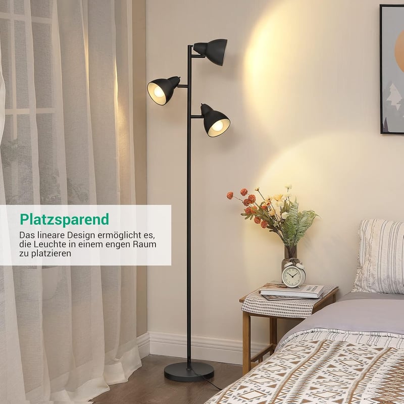 EDISHINE Állólámpa 163 cm - 3 Izzós Fekete Vintage Padlólámpa Forgatható Fejekkel, Egyedi Kapcsolókkal Nappaliba, Hálószobába, Irodába