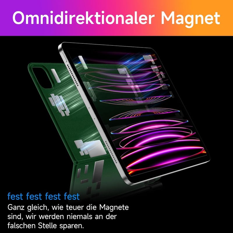 HOU iPad Billentyűzetes Tok - 7 Színű Háttérvilágítás, Érintőpad, QWERTZ - iPad Pro 11" (1-4. gen) és iPad Air (4-5. gen) Készülékekhez - Zö