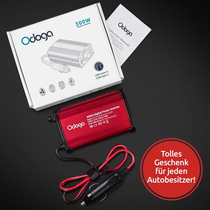 Odoga 300W autós feszültségátalakító 12V-ról 220V-ra, 2 USB porttal - szivargyújtós adapter