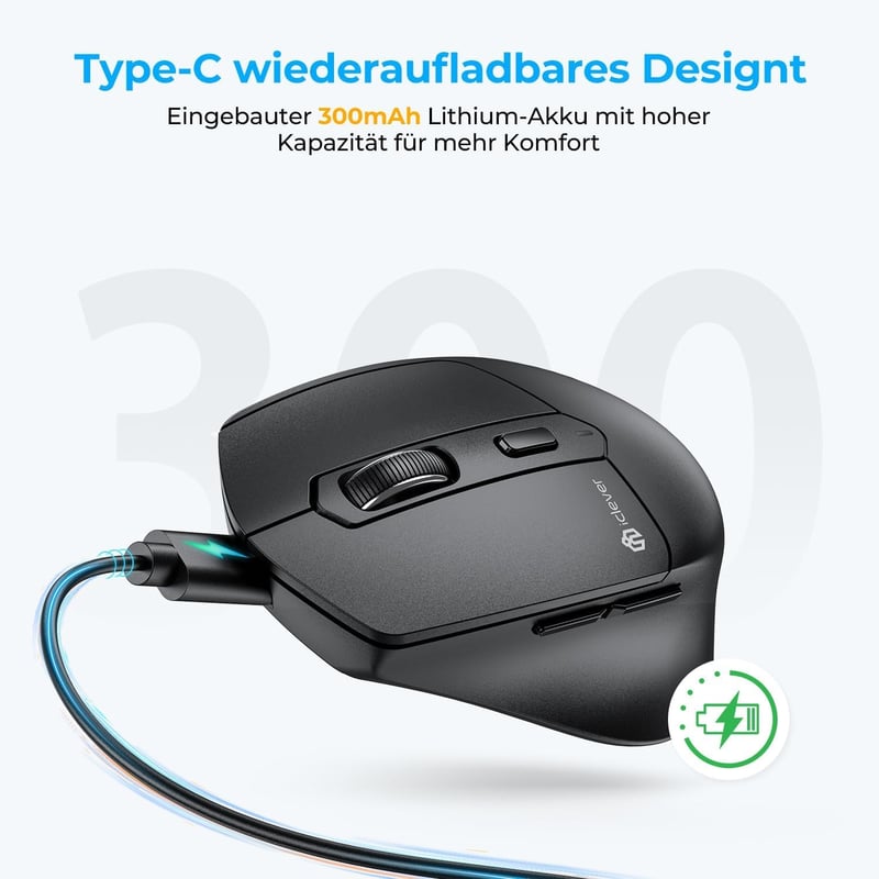 iClever MD360 Ergonomikus Bluetooth Egér - Vezeték Nélküli USB-C Tölthető Egér Jiggler Funkcióval, Csendes Kattintás, 3 Eszköz Csatlakoztatá