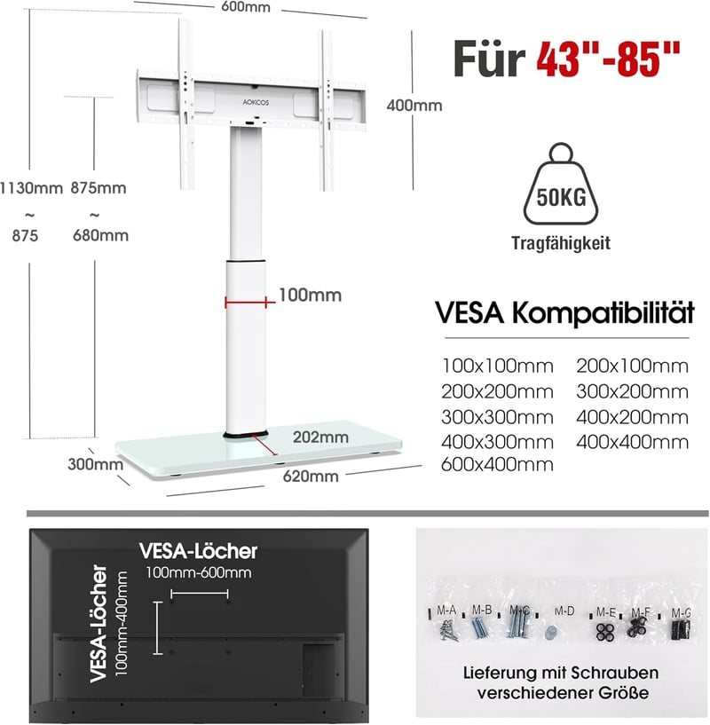 AOKCOS TV Állvány 1130 mm 43-75-85 Colos Televíziókhoz - Dönthető, Forgatható, Állítható Magasságú Univerzális Tartó, VESA 600x400mm, 50kg T