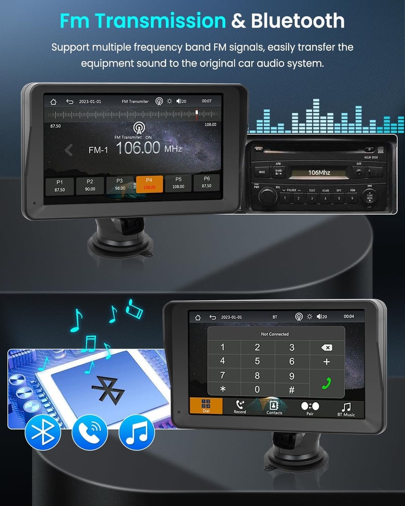 Rimoody 7" Hordozható Autórádió Carplay Android Támogatással - Érintőképernyős, Dual Bluetooth, FM Transmitter, GPS, Hangvezérlés, Airplay/A