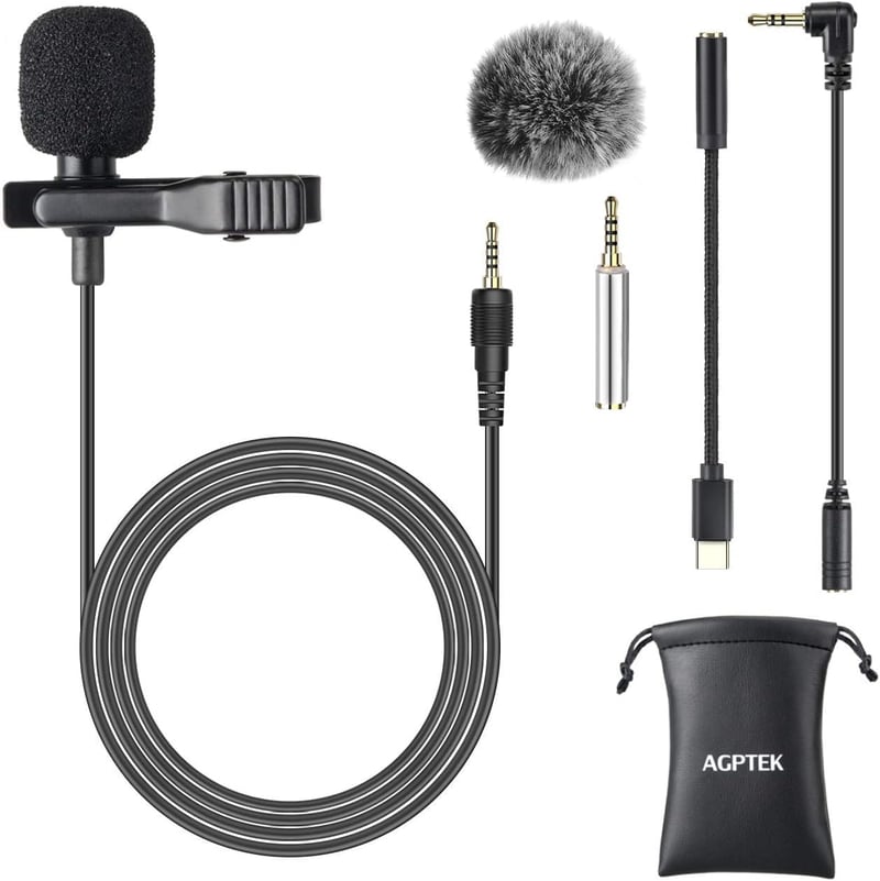 AGPTEK Omnidirekcionális Csíptetős Mikrofon 2m, USB-C Adapter, Szélvédő, Interjúkhoz