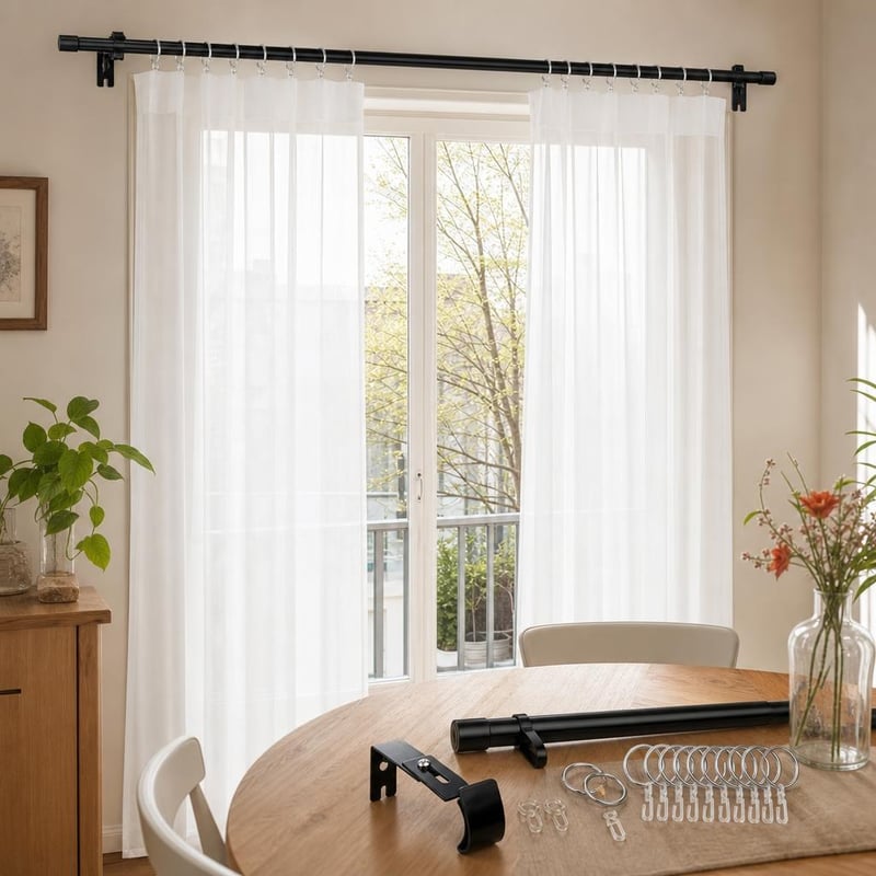 Függönyvarázs: állítható függönyrúd + 50 db karika + 50 db horog + 2 db fényáteresztő panel