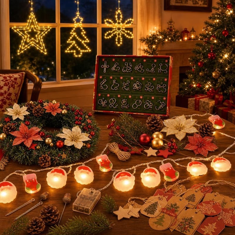 Adventi čarolija: set za vijenac + 3 LED ukrasa + lampice + 24 puzzle + 100 poklon oznaka