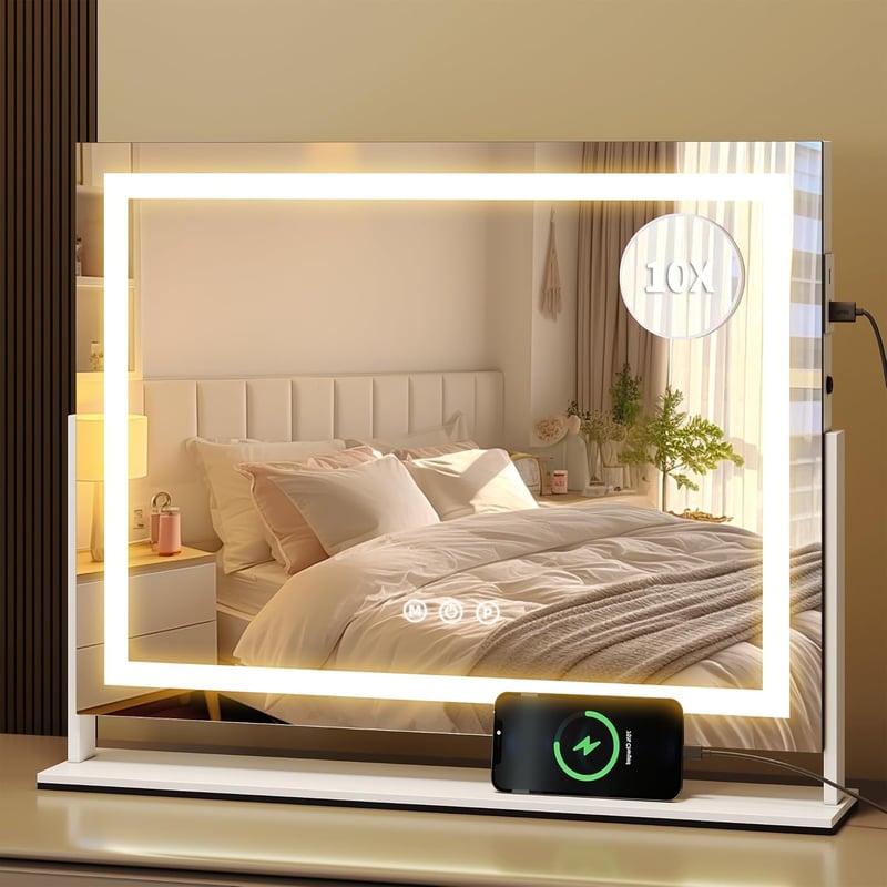 Sminktükör 50x62,5 cm LED Világítással - 3 Színhőmérsékletű Hollywood Tükör Érintésvezérléssel, 10X Nagyítással, USB 