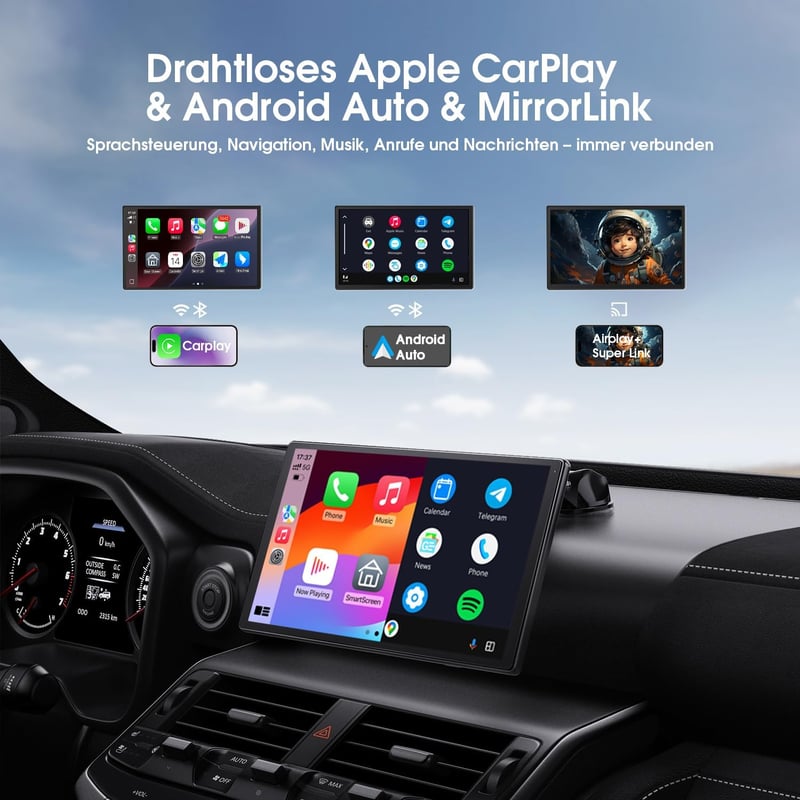 Avylet 9" Vezeték Nélküli CarPlay Kijelző - Apple CarPlay & Android Auto Támogatás, Mágneses Tartó, GPS Navigáció, IP67 Tolatókamera, Blueto