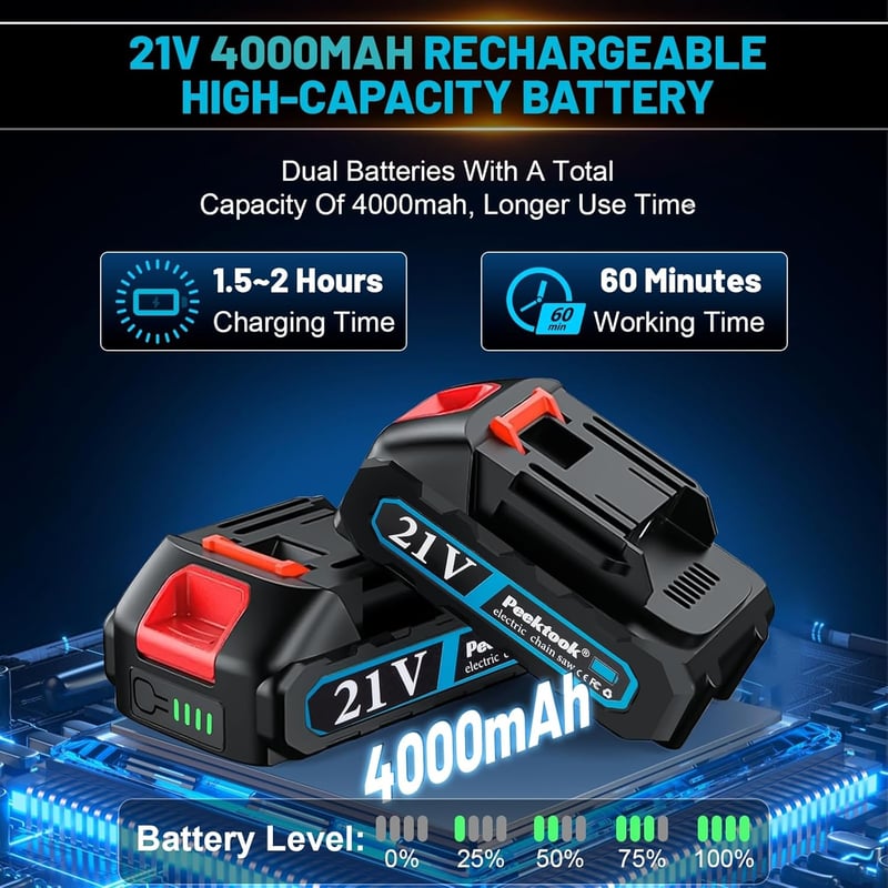 Peektook 6 hüvelykes akkumulátoros mini láncfűrész 1000W, 4000 mAh, 2 lánc és biztonsági zár - Blue