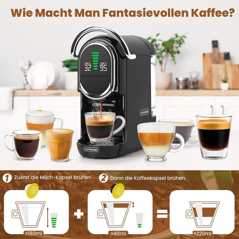 CAPXSNOB Magician1 Mini 5 az 1-ben Kávéfőző - Nespresso, Dolce Gusto, Lavazza Kompatibilis, 20 Bar, LED Kijelző, 7 Vízszint, Kompakt Kapszul - Black