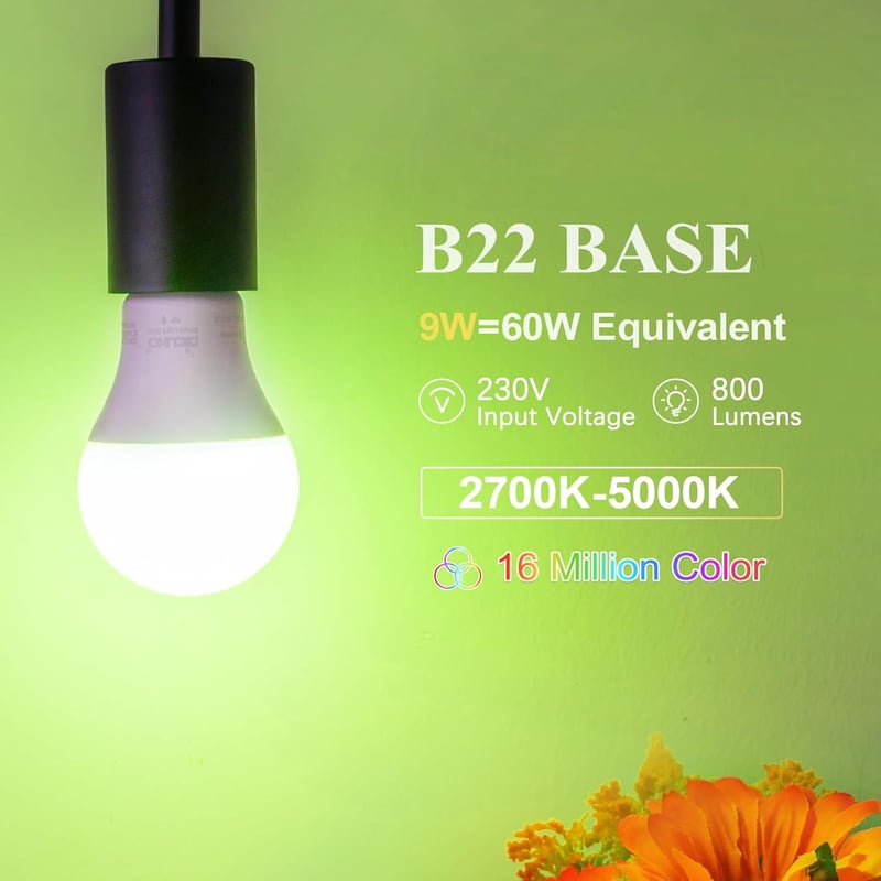 DiCUNO B22 Okos LED Izzó 9W - WiFi Vezérelhető, Melegfehér-Hidegfehér, RGBCW Színváltós, Alexa/Google Kompatibilis, Hub Nélküli, 2 db Csomag