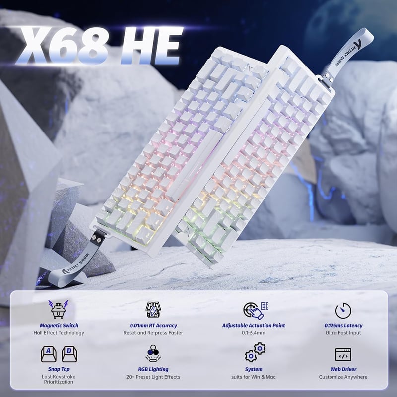 Tastatură mecanică de gaming rapidă ATTACK SHARK X68 HE 8000Hz, precizie 0.01mm, iluminare de fundal RGB, switch-uri magnetice, 60% compactă, PC/M