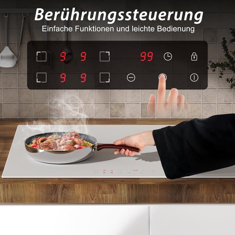 DELITEER Indukciós Főzőlap 4 Zónával, 59 cm Beépíthető, Fehér Kerámiaüveg, 3500W, 9 Teljesítményszint, Gyerekzár, Érintőgombos Vezérlés, 230