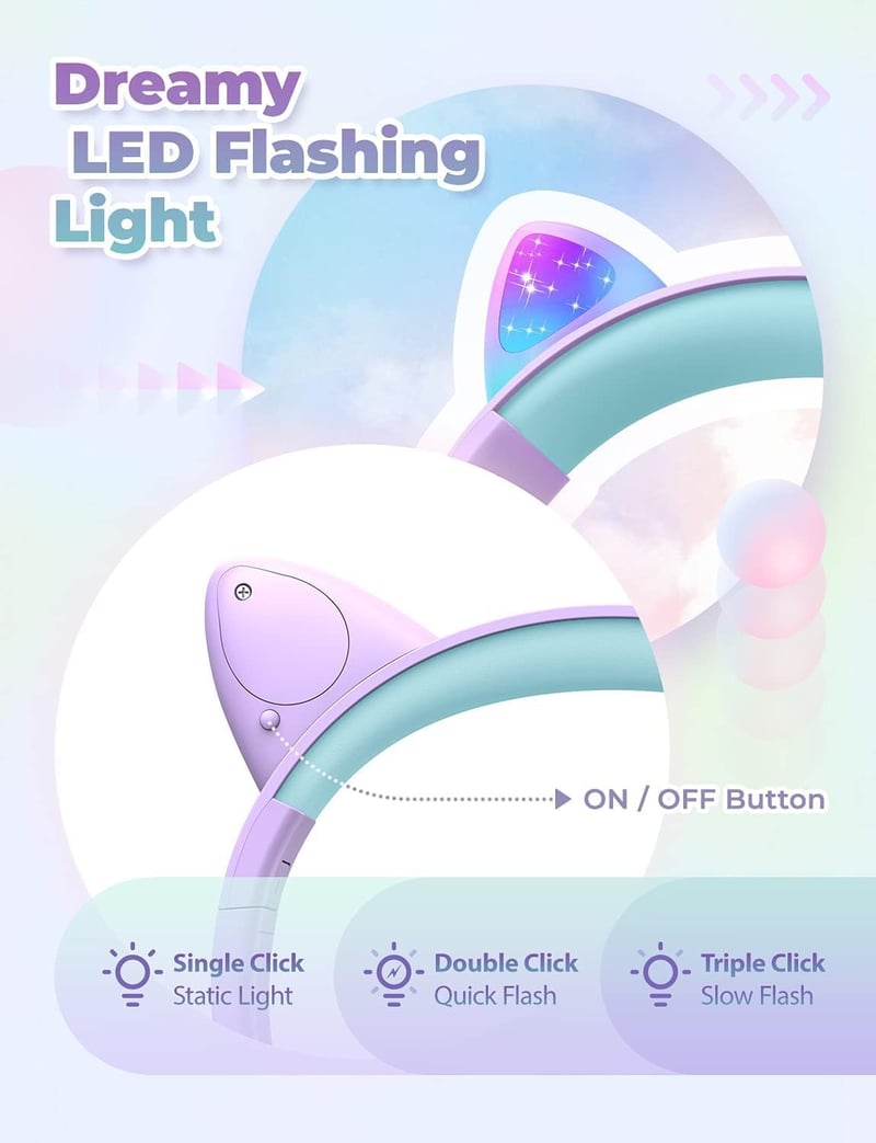 iClever LED-es Macskafüles Gyerek Fejhallgató, 94dB Hangerőkorláttal