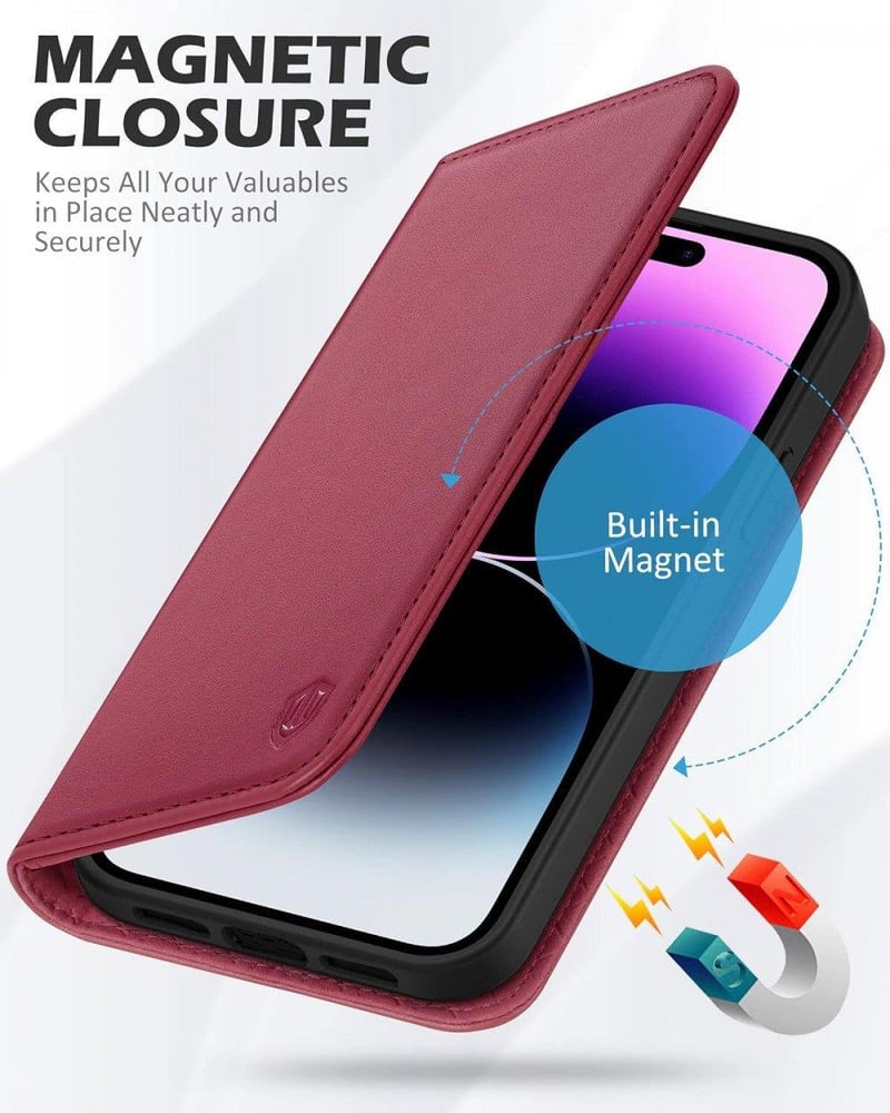 iPhone 14 Pro Max Bordó Bőr Pénztárcatartó Tok Kitámasztóval - Felújított