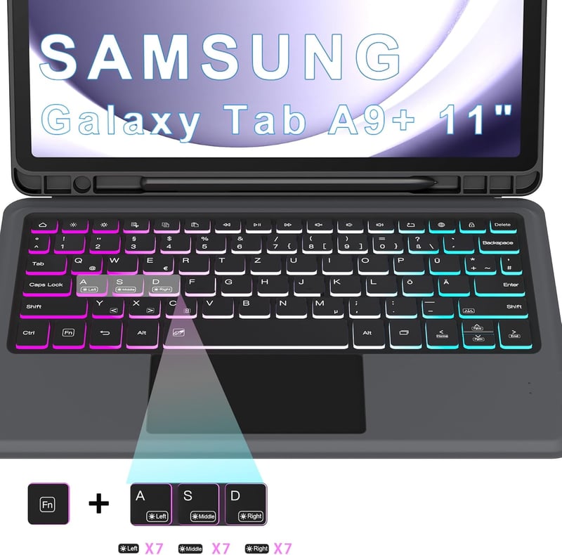 Samsung Galaxy Tab A9+ tok QWERTZ billentyűzettel - 7 színű háttérvilágítás, trackpad, állvány (11")