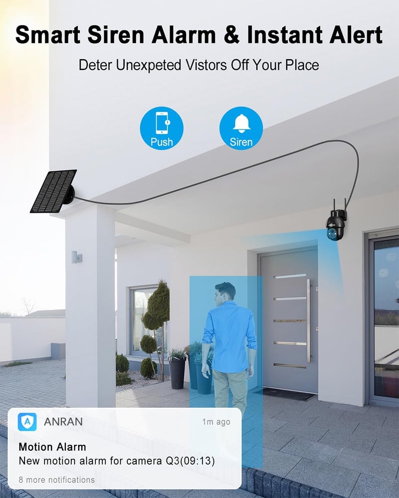 ANRAN Q3 Pro 2K HD Kültéri WiFi Biztonsági Kamera - Napelemes, Vezeték Nélküli, Spotlámpával, AI Mozgásérzékelővel, Alexa Kompatibilis, Szín