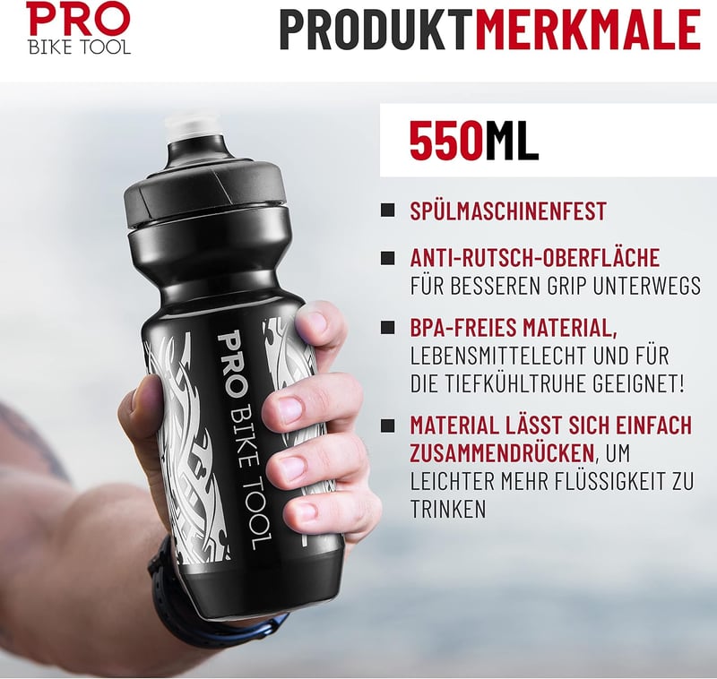 Bidon de bicicletă PRO BIKE TOOL negru 550ml - Debit rapid, cu tetină moale din silicon.
