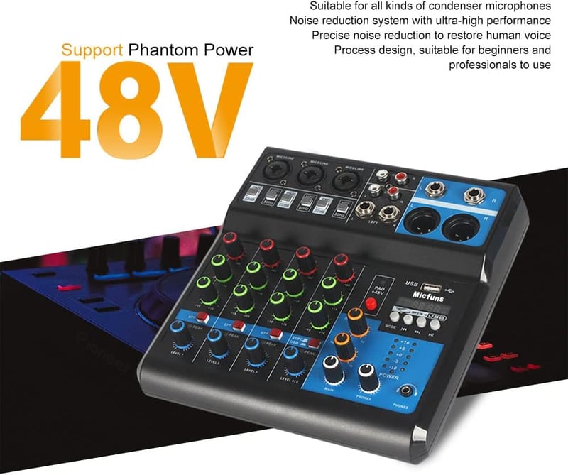 micfuns M-5 Mini DJ Keverőpult 5 Csatornás Hangkeverő Bluetooth USB MP3 Funkcióval, 48V Fantomtáp, Stúdió Felvételhez, Élő Közvetítéshez