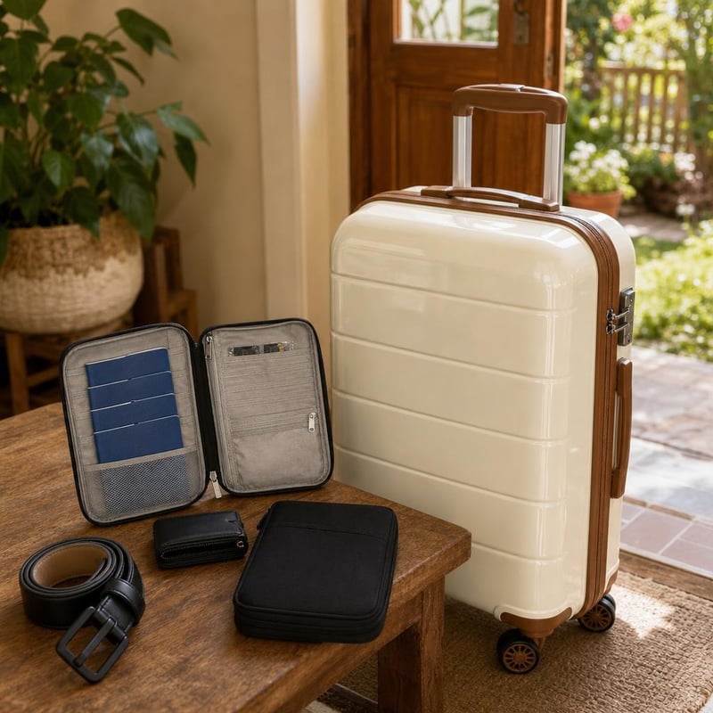 Cestovný set na letisko: 1x TSA opasok + 1x puzdro na pasy + 1x RFID peňaženka + 1x TSA kufor