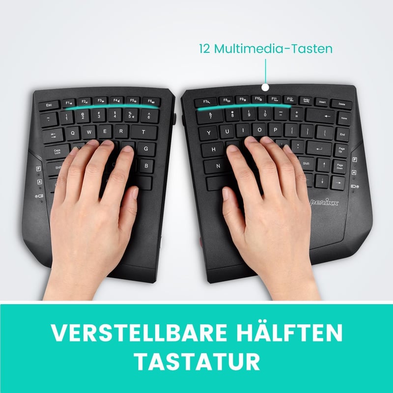 Perixx PERIBOARD-624B Vezeték Nélküli Ergonomikus Billentyűzet, Osztott Kialakítás, TKL, Állítható Dőlésszög, Fekete - QWERTZ Kiosztás