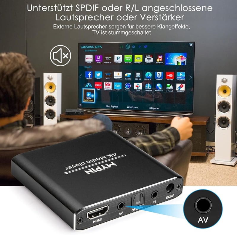MYPIN 4K Médialejátszó - 8TB HDD, USB, HDMI, 7.1 Surround Hang, Távirányítóval