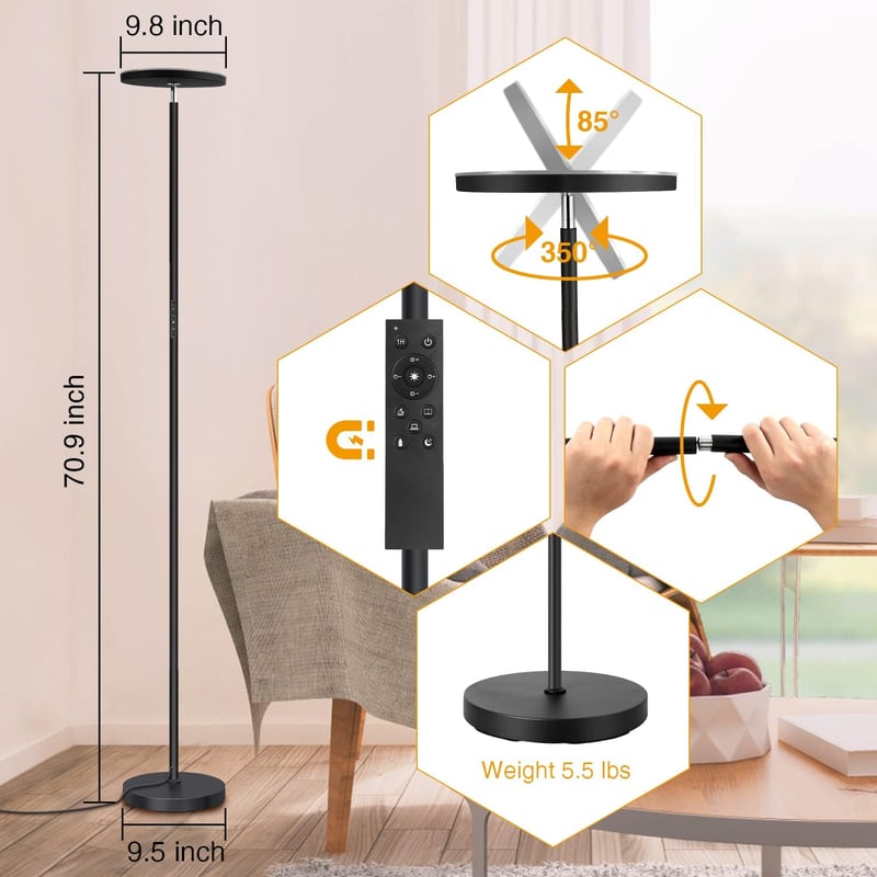 OUTON LED Állólámpa 30W - Folyamatosan Szabályozható Fényerő, 3 Színhőmérséklet, Távirányító, Érintésvezérlés, USB Töltőport, Modern Dizájn
