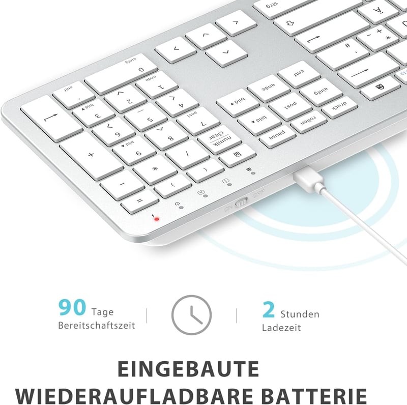 iClever Vezeték Nélküli Billentyűzet-Egér Szett - Újratölthető, QWERTZ Kiosztás, 2.4 GHz, Számgombos, PC/Laptop/Smart TV Kompatibilis, Fehér - silver