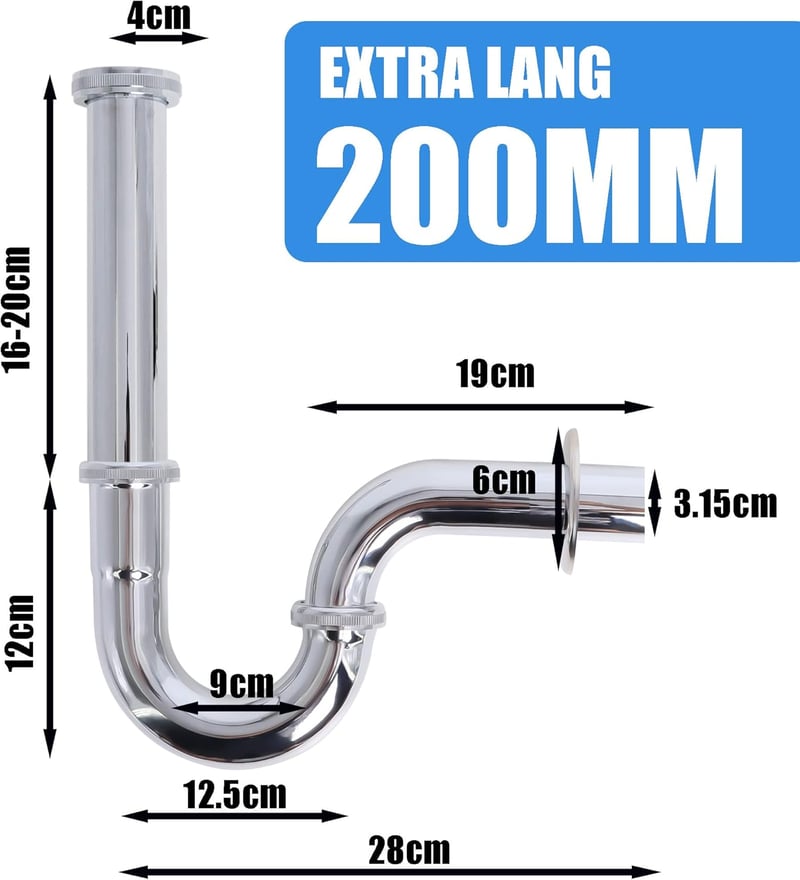 Univerzális 200 mm-es rozsdamentes acél szifon mosdóhoz és kádhoz, G1-1/4" csatlakozással