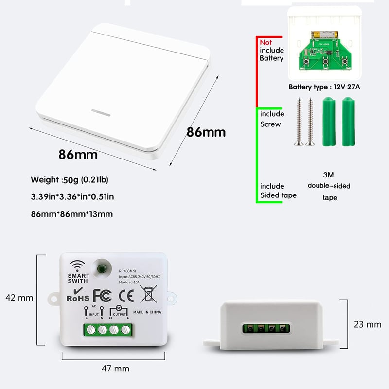 DieseRC vezeték nélküli fénykapcsoló szett, 10A, 1500W-ig, egyszerű telepítés